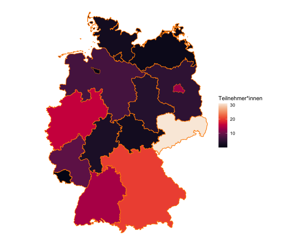 Eine Deutschlandkarte, die Länder in unterschiedlichen Farben, aus der die verschiedenen Beteiligungen hervorgehen.
